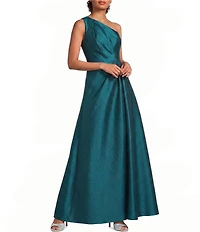 Adrianna Papell One Shoulder Pleated Bodice Mikado Long Gown