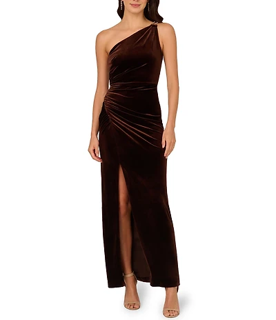 Adrianna Papell One Shoulder Ruched Velvet Column Gown