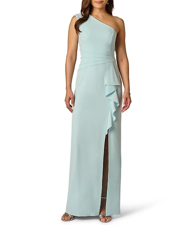 Adrianna Papell One Shoulder Side Ruffle Crepe Column Gown
