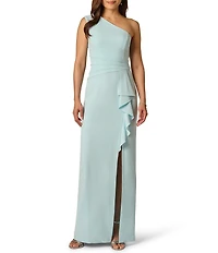 Adrianna Papell One Shoulder Side Ruffle Crepe Column Gown