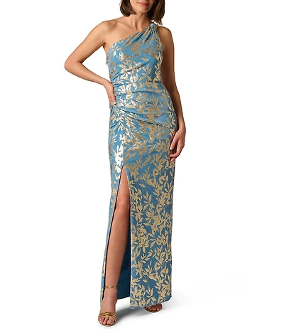 Adrianna Papell One Shoulder Side Slit Foiled Leaf Print Long Gown