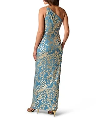 Adrianna Papell One Shoulder Side Slit Foiled Leaf Print Long Gown