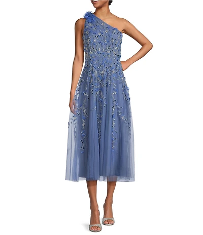 Adrianna Papell One Shoulder Sleeveless Beaded Mesh Midi Dress