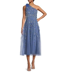 Adrianna Papell One Shoulder Sleeveless Beaded Mesh Midi Dress