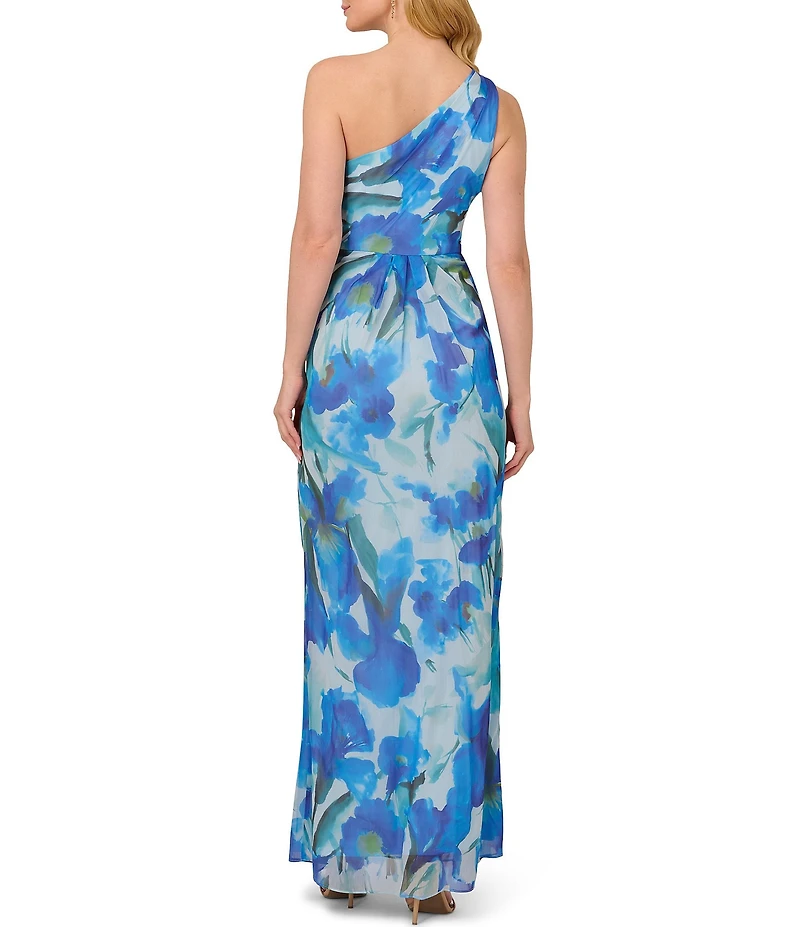 Adrianna Papell One Shoulder Sleeveless Floral Chiffon Drape Waist Sheath Gown