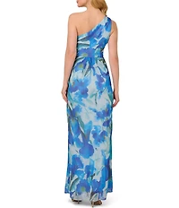 Adrianna Papell One Shoulder Sleeveless Floral Chiffon Drape Waist Sheath Gown