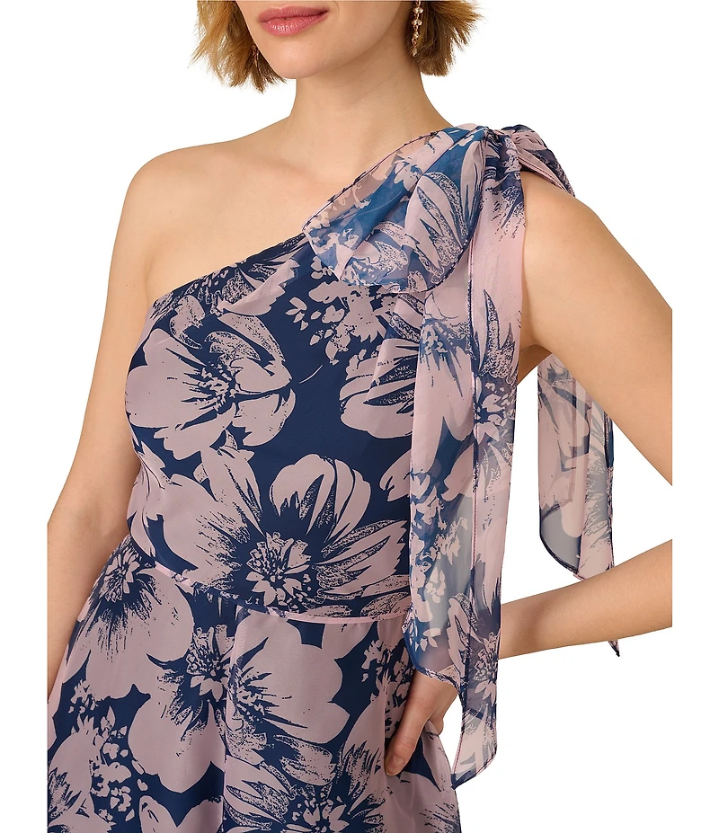 Adrianna Papell One Shoulder Sleeveless Floral Organza Wide Leg Jumpsuit