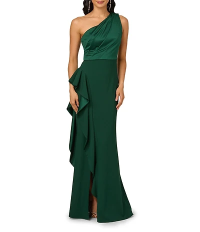Adrianna Papell One Shoulder Sleeveless Cascading Ruffle Draped Mermaid Gown