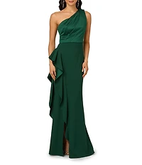 Adrianna Papell One Shoulder Sleeveless Cascading Ruffle Draped Mermaid Gown
