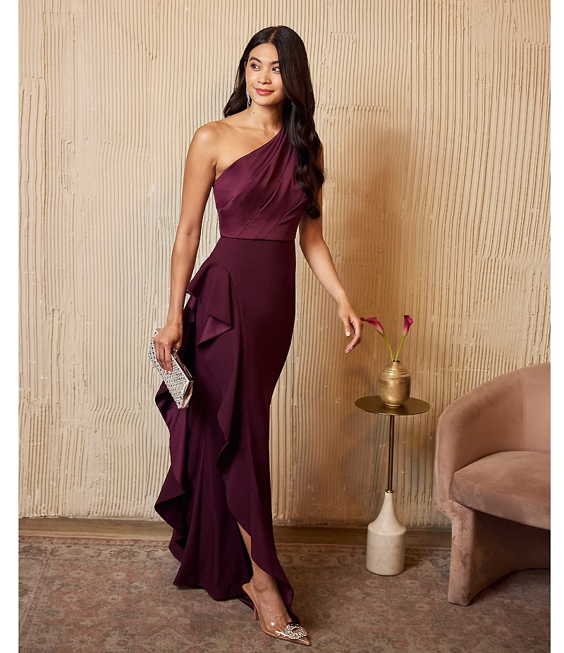 Adrianna Papell One Shoulder Sleeveless Cascading Ruffle Draped Mermaid Gown