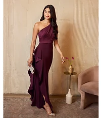 Adrianna Papell One Shoulder Sleeveless Cascading Ruffle Draped Mermaid Gown