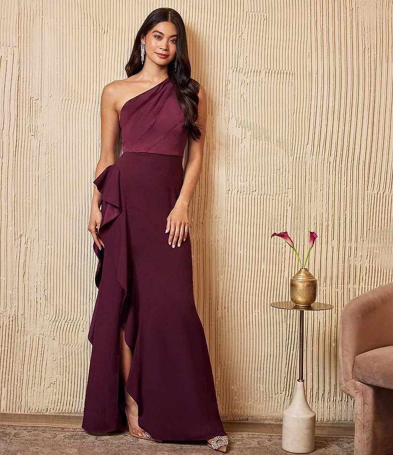 Adrianna Papell One Shoulder Sleeveless Cascading Ruffle Draped Mermaid Gown