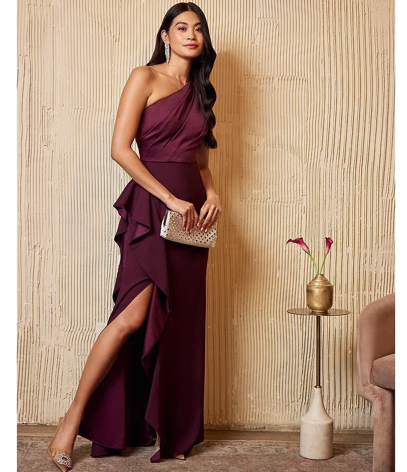 Adrianna Papell One Shoulder Sleeveless Cascading Ruffle Draped Mermaid Gown