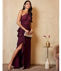 Adrianna Papell One Shoulder Sleeveless Cascading Ruffle Draped Mermaid Gown
