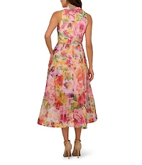 Adrianna Papell Organza Floral Print V Neck Sleeveless Ruffle A-Line Midi Dress