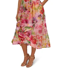 Adrianna Papell Organza Floral Print V Neck Sleeveless Ruffle A-Line Midi Dress
