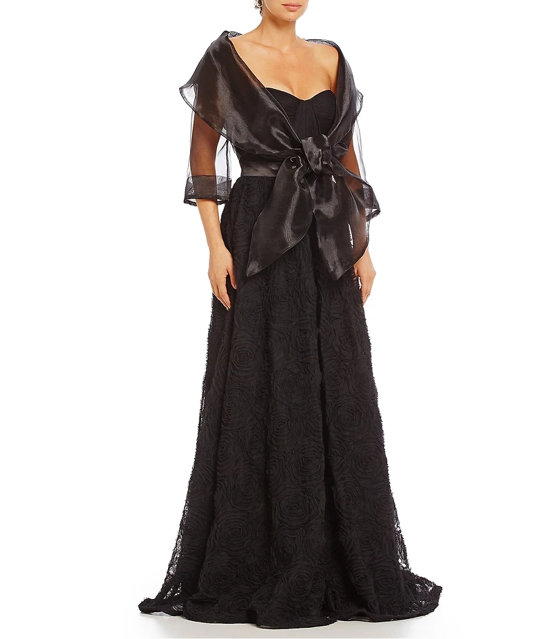 Adrianna Papell Organza 3/4 Sleeve Tie Front Wrap Jacket