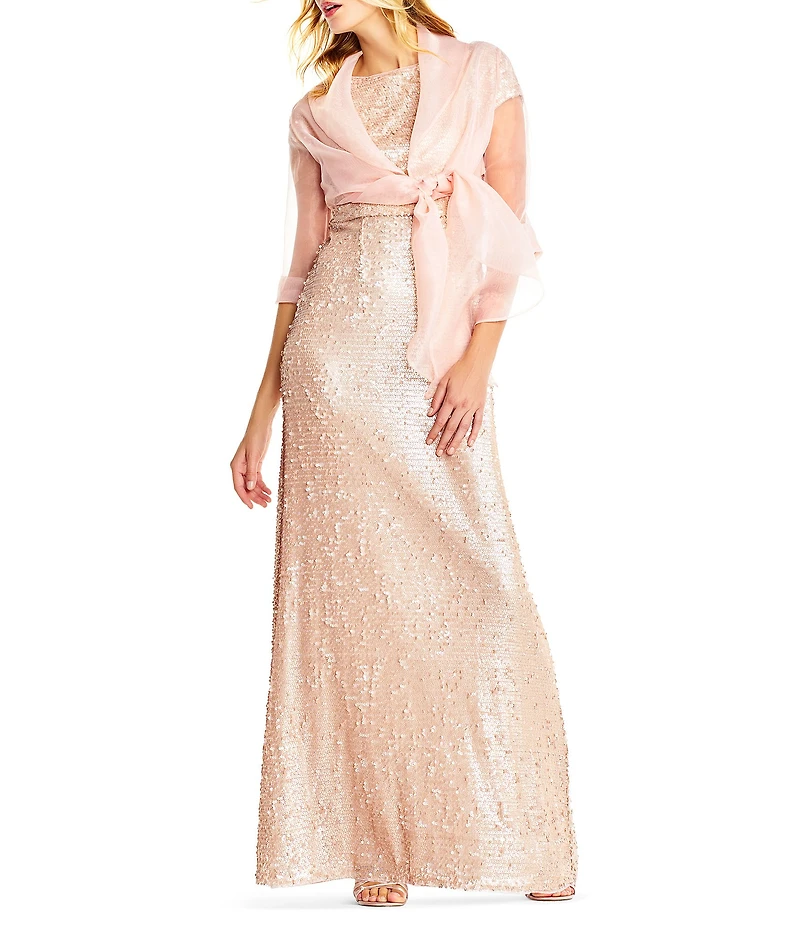 Adrianna Papell Organza 3/4 Sleeve Tie Front Wrap Jacket