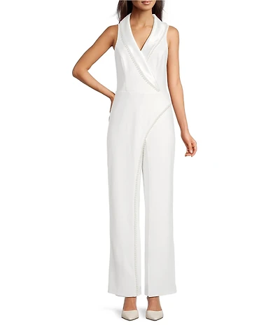 Adrianna Papell Pearl Trim Crepe V-Neck Sleeveless Jumpsuit
