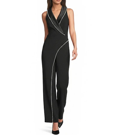 Adrianna Papell Pearl Trim Crepe V-Neck Sleeveless Jumpsuit