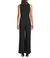 Adrianna Papell Pearl Trim Crepe V-Neck Sleeveless Jumpsuit