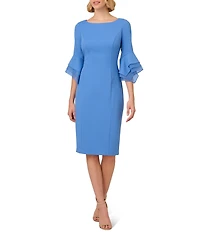Adrianna Papell Petite Size 3/4 Bell Sleeve Boat Neck Stretch Crepe Knit Sheath Dress