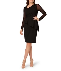 Adrianna Papell Petite Size Asymmetrical Crepe Mesh Long Sleeve Dress