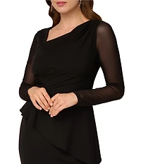 Adrianna Papell Petite Size Asymmetrical Crepe Mesh Long Sleeve Dress