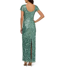 Adrianna Papell Petite Size Beaded Crew Neck Short Sleeve Column Gown
