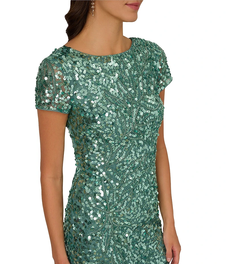 Adrianna Papell Petite Size Beaded Crew Neck Short Sleeve Column Gown