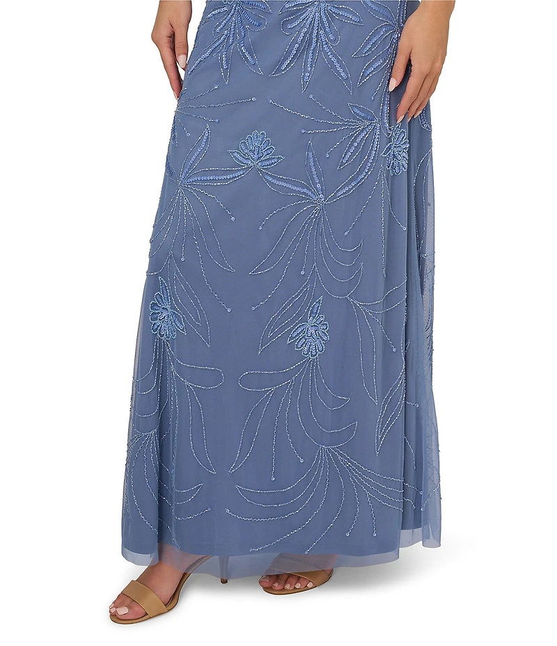Adrianna Papell Petite Size Beaded Halter Neck Sleeveless Blouson Gown