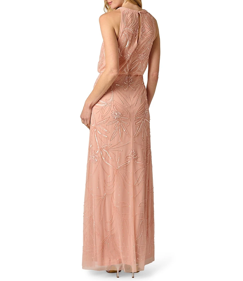 Adrianna Papell Petite Size Beaded Halter Neck Sleeveless Blouson Long Gown