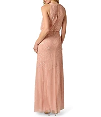 Adrianna Papell Petite Size Beaded Halter Neck Sleeveless Blouson Long Gown