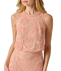 Adrianna Papell Petite Size Beaded Halter Neck Sleeveless Blouson Long Gown