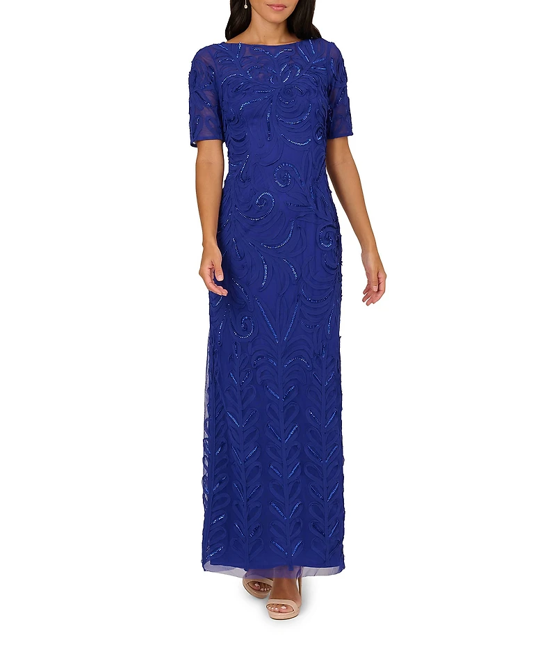 Adrianna Papell Petite Size Beaded Mesh Boat Neck Elbow Sleeve Soutache Column Gown