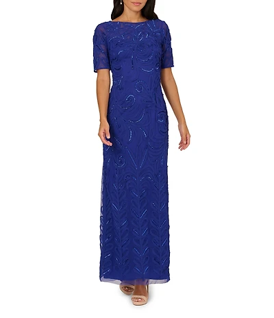 Adrianna Papell Petite Size Beaded Mesh Boat Neck Elbow Sleeve Soutache Column Gown