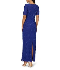 Adrianna Papell Petite Size Beaded Mesh Boat Neck Elbow Sleeve Soutache Column Gown