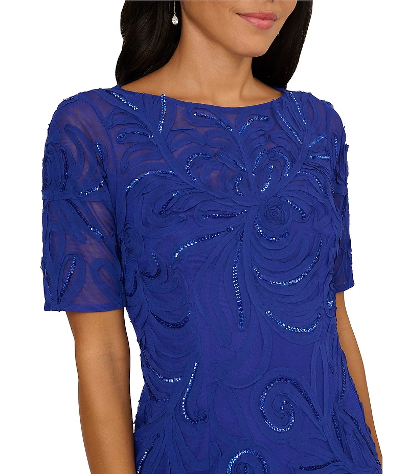 Adrianna Papell Petite Size Beaded Mesh Boat Neck Elbow Sleeve Soutache Column Gown