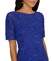 Adrianna Papell Petite Size Beaded Mesh Boat Neck Elbow Sleeve Soutache Column Gown