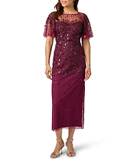 Adrianna Papell Petite Size Beaded Mesh Flutter Sleeve Illusion Crew Neckline Maxi Dress