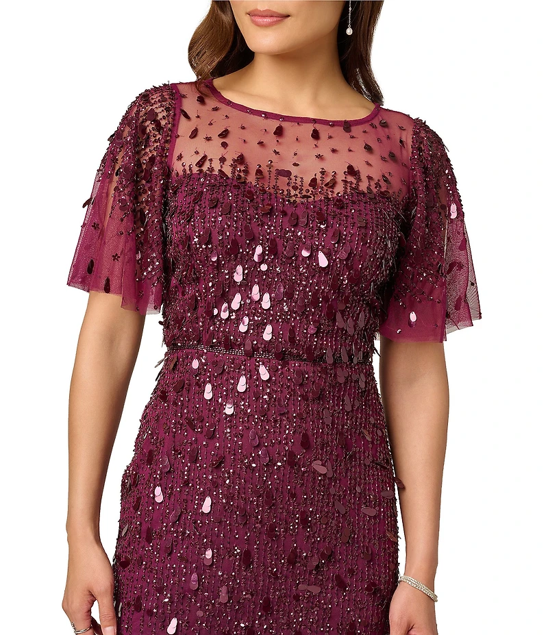 Adrianna Papell Petite Size Beaded Mesh Flutter Sleeve Illusion Crew Neckline Maxi Dress