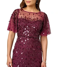 Adrianna Papell Petite Size Beaded Mesh Flutter Sleeve Illusion Crew Neckline Maxi Dress
