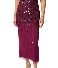 Adrianna Papell Petite Size Beaded Mesh Flutter Sleeve Illusion Crew Neckline Maxi Dress