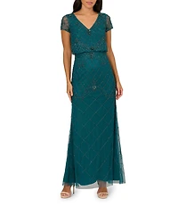 Adrianna Papell Petite Size Beaded Mesh V-Neck Cap Sleeve Blouson Gown