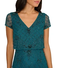 Adrianna Papell Petite Size Beaded Mesh V-Neck Cap Sleeve Blouson Gown