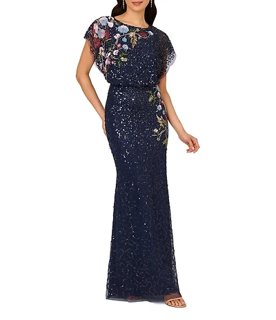 Adrianna Papell Petite Size Beaded Sequin Mesh Floral Mermaid Boat Neck Short Dolman Sleeve Gown