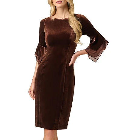 Adrianna Papell Petite Size Boat Neck 3/4 Bell Sleeve Velvet Dress