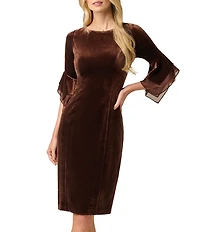 Adrianna Papell Petite Size Boat Neck 3/4 Bell Sleeve Velvet Dress