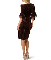 Adrianna Papell Petite Size Boat Neck 3/4 Bell Sleeve Velvet Dress
