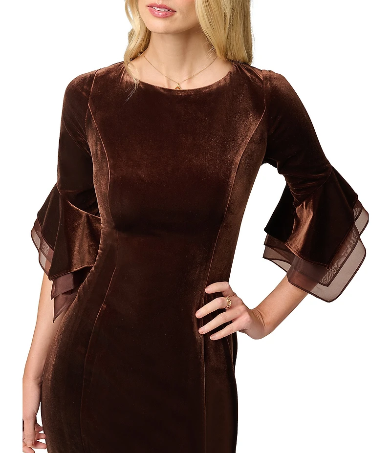 Adrianna Papell Petite Size Boat Neck 3/4 Bell Sleeve Velvet Dress